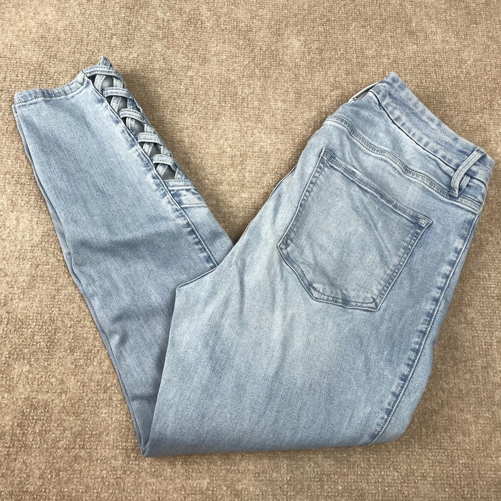 Good American Skinny Jeans Womens 16 Blue Denim Cotton High Rise Criss Cross Hem